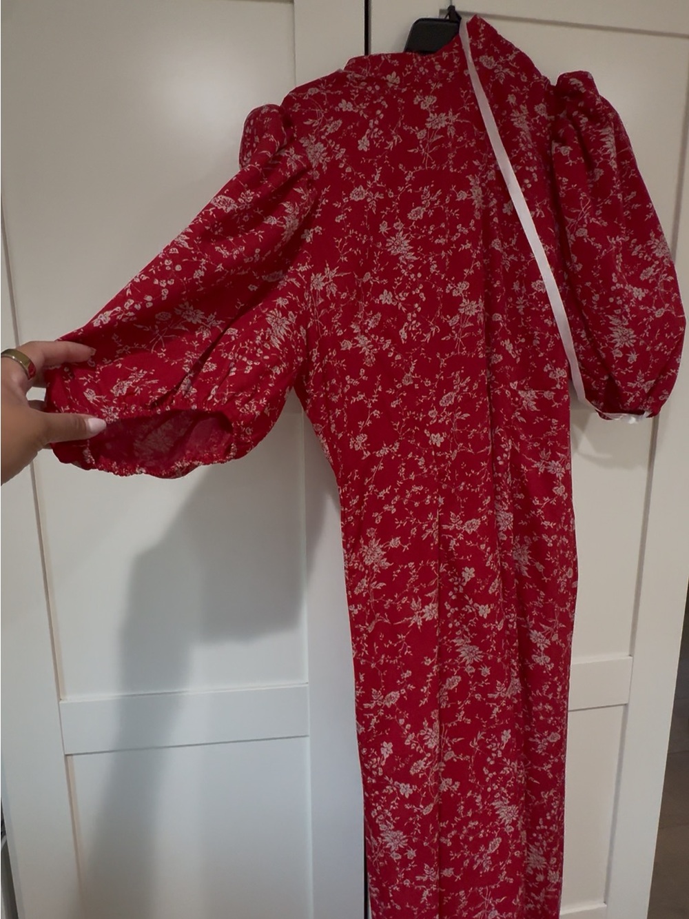 Red Floral Puff-Sleeve midi dress